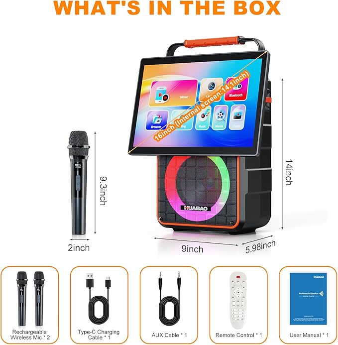 Portable Bluetooth Karaoke Speaker with 14.1” HD Screen, Wireless Screen Mirroring for iOS & Android, 2 Wireless Rechargeable Mics, AUX/USB/TF Card, Dynamic Lyric Display via Bluetooth, Ideal for Home