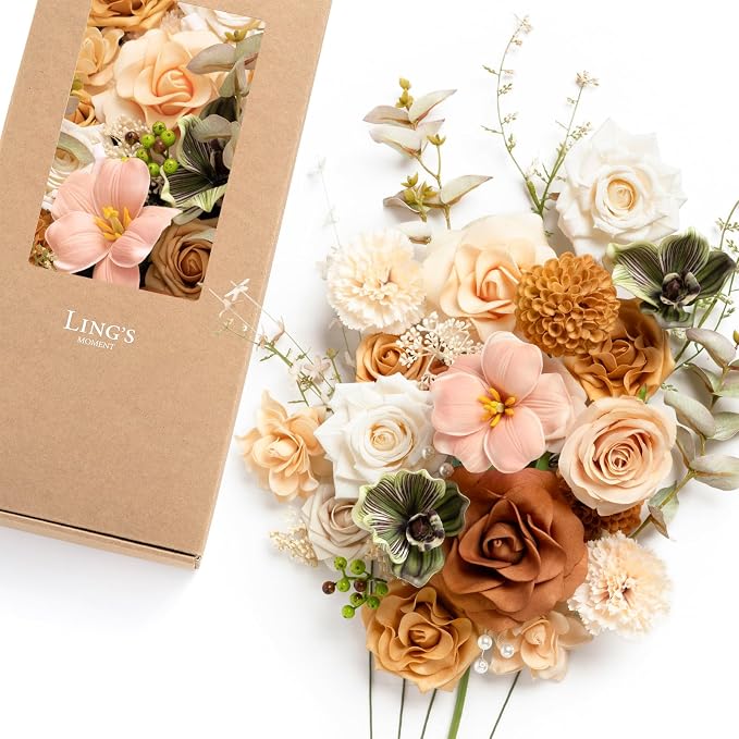 Ling's moment Fake Flowers Box, Faux Artificial Greenery Stems Foam Roses Dahlia Gardenia Tulip Silk Carnation Fabic Flower for Centerpieces Bouquet Wedding Vase, Apricot & Peach, Deluxe Combo | Artificial Faux Greenery Stems, Silk Peony, Foam Rose, Fo... by LingsMoment
