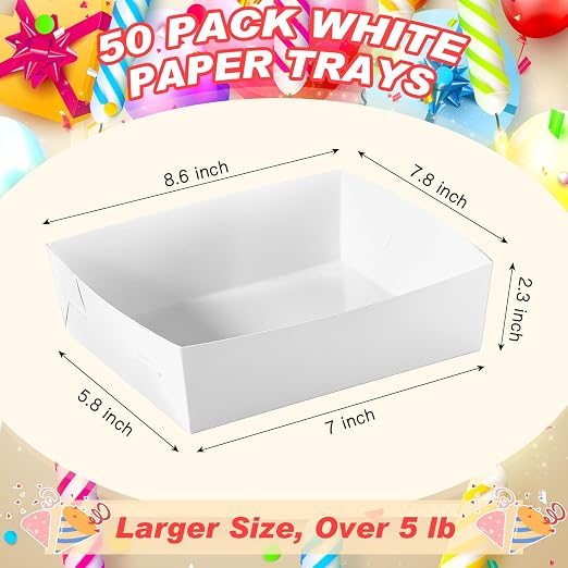 Uiifan 50 Pcs 5 lb Extra Large Paper Food Trays Disposable Food Boat Nacho Plate Serving Snack Trays Grease Resistant Self-assembly for Back to School Party Birthday Wedding Supply (White) - Image 3