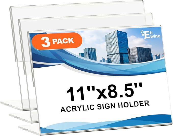 EHWINE 3 Pack 8.5 x 11 Acrylic Sign Holder Horizontal, Clear Plastic Signs Display Stand, Slanted Back Paper Holder Stand up Table Top Sign Holders Flyer Stand Frames for Office Business Store by EHWINE