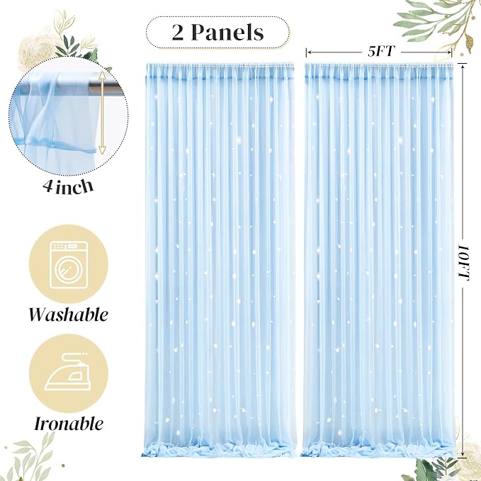10ft x 10ft Blue Backdrop Curtain with Lights String for Parties, Sheer Tulle Wedding Photo Backdrops Drapes for Baby Shower Birthday Party Decorations Background for Photography - Image 5