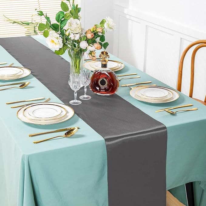 SI Pack of 5 Wedding 12 x 108 inch Satin Table Runner for Wedding, Decorations for Graduations, Engagements, Birthday Parties, Banquets, Runners fit Rectangle, Round Table - Grey - Image 2