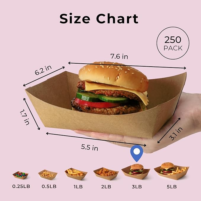 Fit Meal Prep [250 Pack 3 lb Paper Food Boats Heavy Duty Disposable Food Trays, Kraft Brown Nacho Tray for Parties Fairs Picnics Carnivals Holds Tacos Nachos Fries Hot Dogs Grease Resistant - Image 2