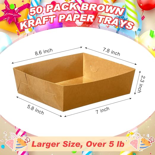 Uiifan 50 Pcs 5 lb Extra Large Paper Food Trays Disposable Food Boat Nacho Plate Serving Snack Trays Grease Resistant Self-assembly for Back to School Party Birthday Wedding Supply (Brown Kraft) - Image 3