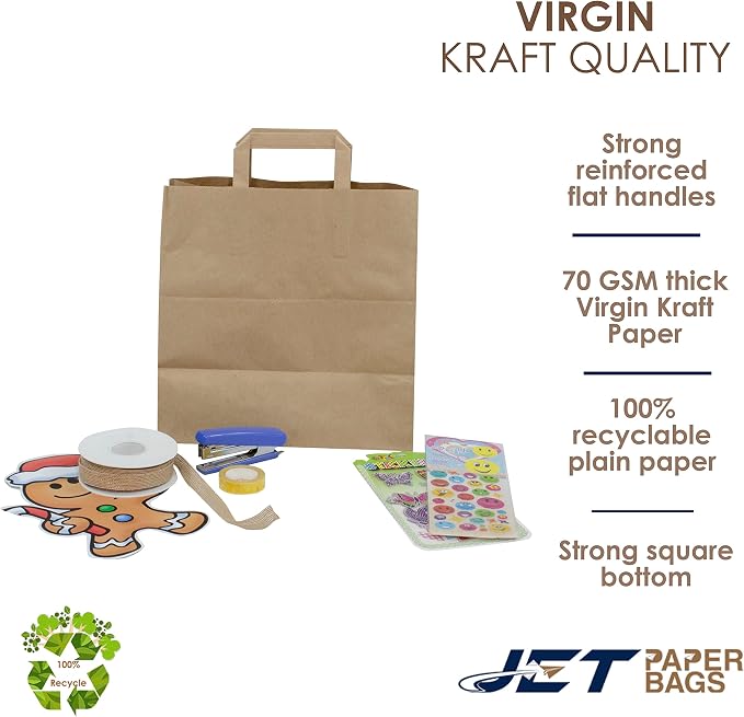 JET PAPER BAGS - 11”x6”x11.5” (50 Pcs) Brown Paper Bags with Flat Handles - Ideal for DIY, Takeout, Grocery, Goody, Retail, Party, Craft, Gifts, Weddings - Recyclable - Image 6