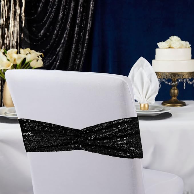 SquarePie Pack of 10 Sequin Chair Sashes Glitter Black Bows Bands for Wedding Banquet Party Decor - Image 7