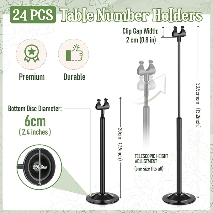 Kathfly Adjustable Table Number Holders, 7.9-13.2 Inch, Black, 12 Set | Wedding Place Card Holder, Tall Table Number Stand, Detachable Hard Clip, Picture Photo Holder for Restaurant Centerpieces - Image 4