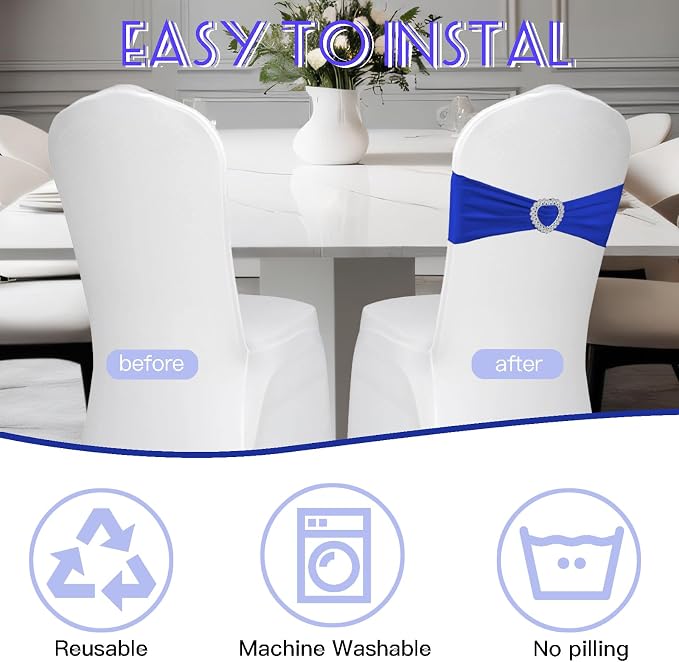 100PCS Spandex Stretch Royal Blue Chair Sashes Bows Universal Elastic Chair Cover Bands Ties with Buckle Slider for Wedding Party Ceremony Reception Event Banquet Decoration(Royal Blue) - Image 4