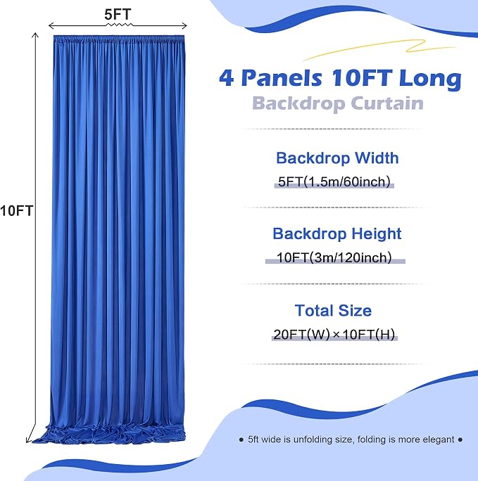 20ft×10ft Wrinkle Free Royal Blue Backdrop Curtain for Parties, 4 Panels 5×10ft Soft Silky Polyester Blue Photo Backdrop Drapes for Boss Baby Birthday Party Wedding Photography Background Cloth - Image 5
