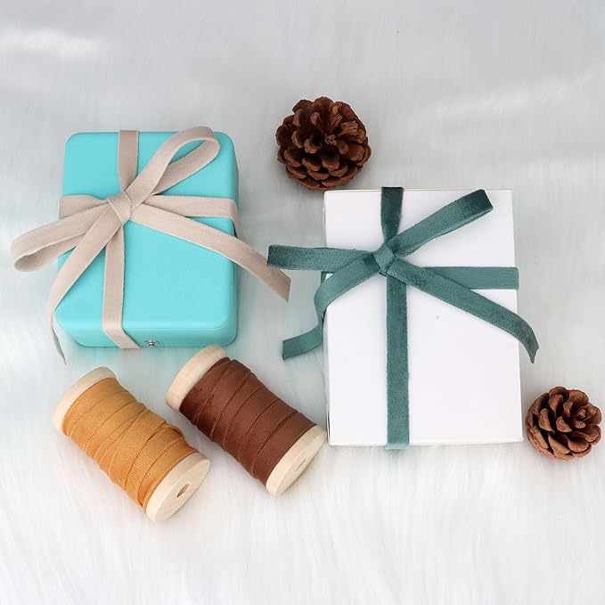 Velvet Ribbon Set - 3/8" x 20Yd, 4 Rolls Double Faced on Wooden Spool for Gift Wrapping, Christmas Decoration, Wreaths, Bows Making (Dusty Green-Brown-Khaki-Nude) Febwind