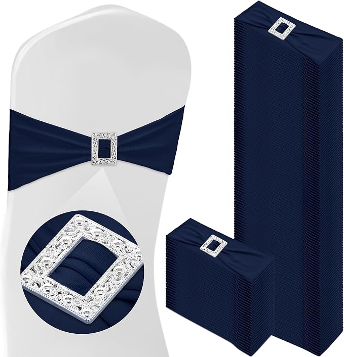 VitalCozy 100 Pcs Spandex Chair Sashes Wedding, Square Buckle, Navy Blue by VitalCozy