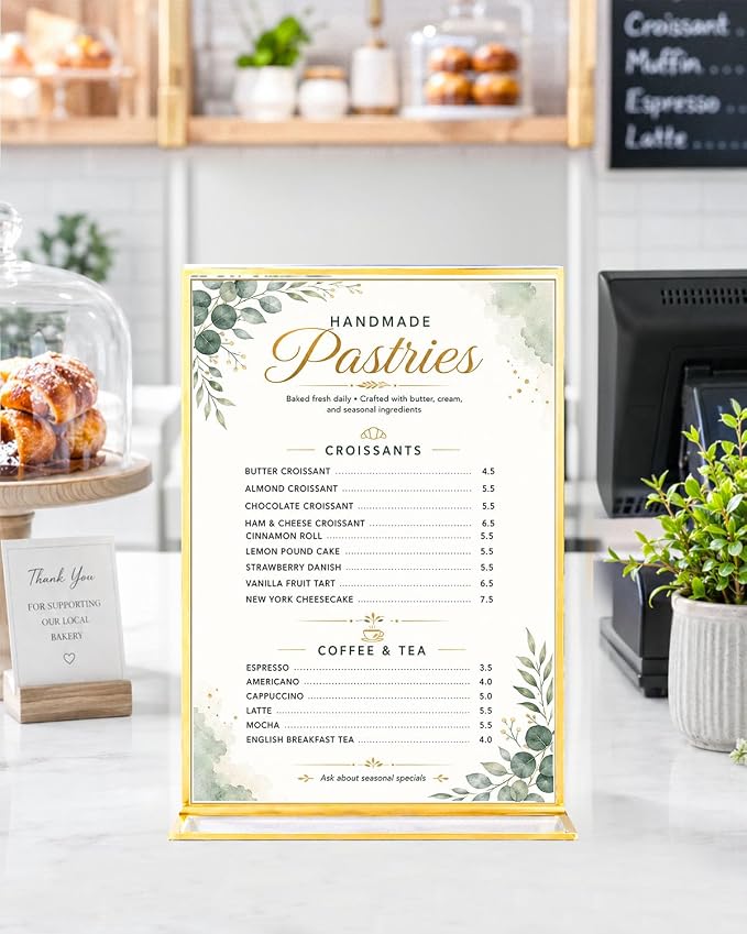 4x6" 24 Pack Acrylic Sign Holders Gold Border with T-Style Base for Menus | WENHUALI Stylish Double-Sided Clear Frame with Vertical Stand, for Menu, Wedding Table Number, Restaurant Sign, Photo Display - Image 5