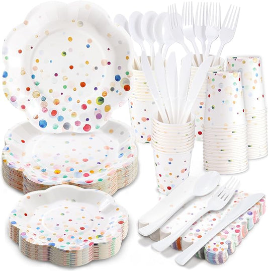 Colorful Birthday Plates and Napkins 350PCS Confetti Colorful Paper Plates Happy Birthday Disposable Tableware Set Serve 50 for Art Paint Party Supplies Bubble Decorations by Gudvilla