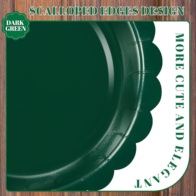 30 Pcs Dark Green Plates 9 Inch Scalloped Green Paper Plates Disposable Dessert Dinner Plate for Wedding, Master Party, Bridal Baby Shower
