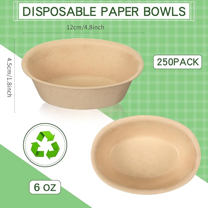 Dandat 6 oz Disposable Paper Bowls Bulk Small Bagasse Dessert Bowls for Ice Cream Soup Salad Pasta Party Supplies Picnic Banquet Barbecues Pet Food(Brown,250 Pcs) - Image 2