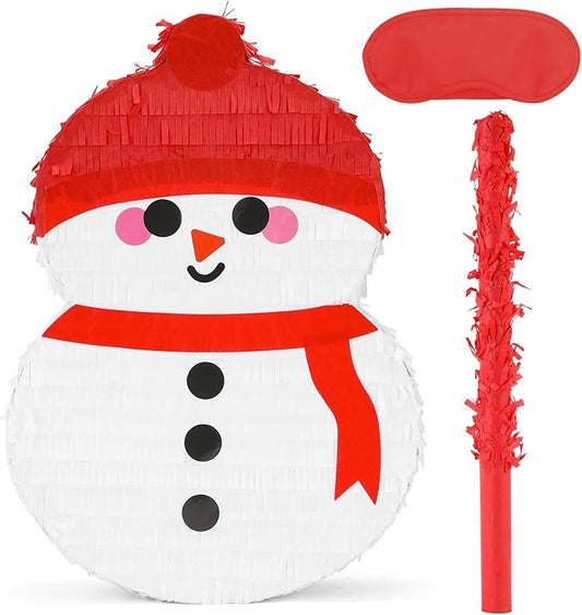 Cute Snowman Pinatas Bundle with a Blindfold and a Bat (17 x 12 x 4 Inches), Perfect for Winter Holiday boys and girls Birthday Parties, Christmas Party Decorations Games for Kids Party
