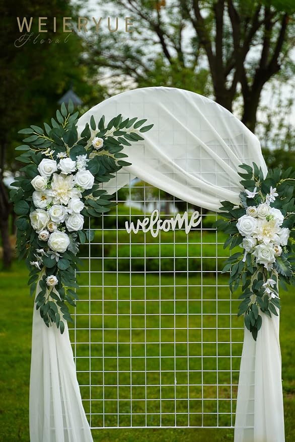 Artificial Wedding Arch Flowers Kit(Pack of 3),2Pcs Artificial Flower Arch Decor,1Pcs Sheer Drape for Wedding Ceremony Arbor for WeddingCeremony (White Rose Wedding) - Image 4