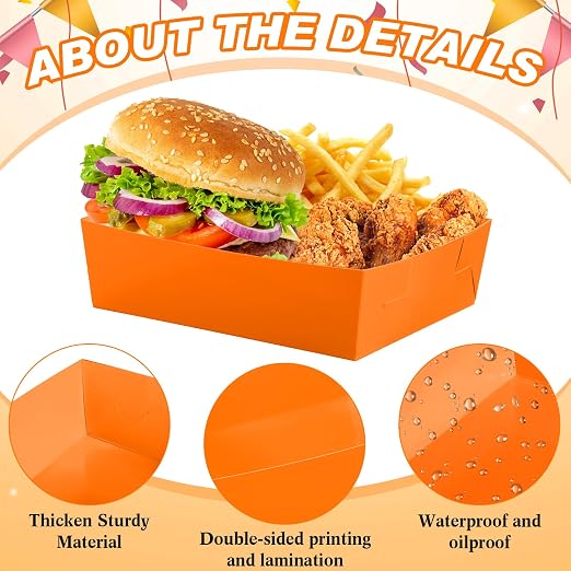 Uiifan 50 Pcs 5 lb Extra Large Paper Food Trays Disposable Food Boat Nacho Plate Serving Snack Trays Grease Resistant Self-assembly for Back to School Party Birthday Wedding Supply (Orange) - Image 4