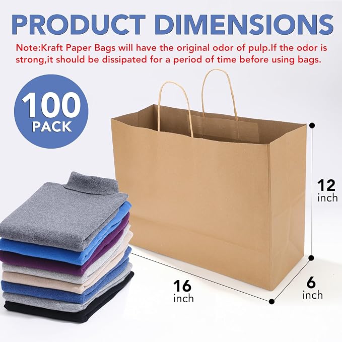 XPCARE Large Brown Paper Bags, 100 Pcs 16x6x12 Paper Gift Bags with Handles | Medium Paper Bags with Handles Bulk Retail Kraft Paper Bag Gift Bag for Wedding Party Shopping - Image 2
