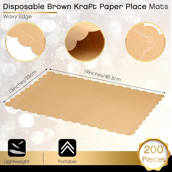 200 Pcs Disposable Brown Kraft Paper Place Mats Paper Placemat Disposable Rectangle Rustic Craft Printed Scalloped Place Mat Kraft Brown Placemat for Wedding Anniversary Party Kitchen (13 x 19 Inch) - Image 2