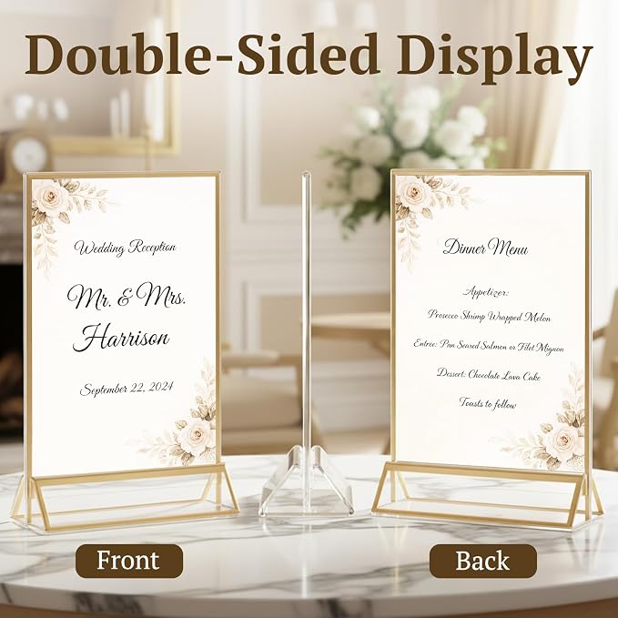 EHWINE 24 Pack Acrylic Sign Holder 4 x 6, Double Sided Gold Picture Frame Stand up Table Top Sign Holders, Clear Display Stand Menu Flyer Holder for Wedding Party - Image 2