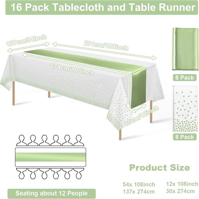16Pack Plastic Tablecloths and Satin Table Runner Set Disposable White and Sage Green Dot Table Cloth Green Satin Table Runner for Wedding Birthday Baby Shower Anniversary Holiday Party Decorations - Image 2