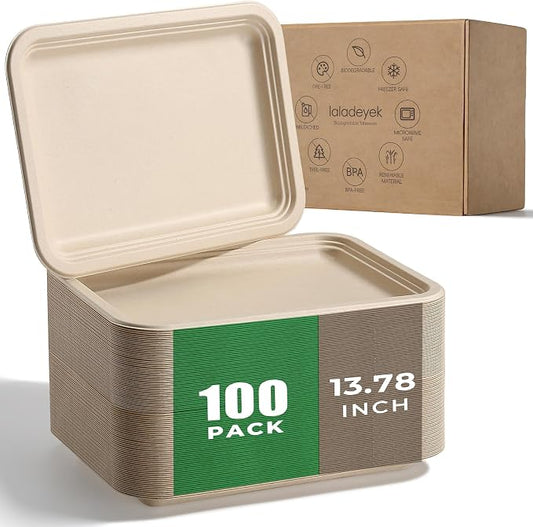 100 Pack 14 Inch Disposable Compostable Sugarcane Platters Biodegradable | Food Trays Disposable, For Seafood Lobster Crab BBQ, Crawfish Boil Party Supplies Large Paper Plates Heavy Duty by Laladeyek