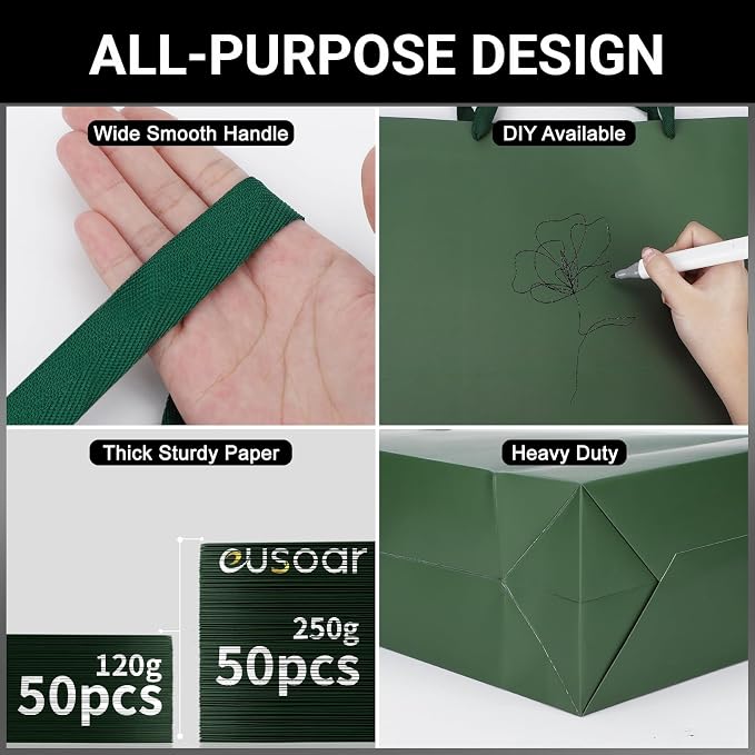 EUSOAR Paper Gift Bags with Handles, 50pcs 12.5"x4.5"x11" Green Kraft Gift Wrap Bags, Merchandise Retail Paper Shopping Wrapping Bags for Business, Craft Grocery, Boutique, Party Favor, Wedding - Image 3