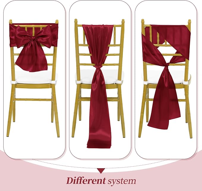 YMHPRIDE 60 PCS Burgundy Satin Chair Sashes,Ties Bows Designed Chair Sashes for Wedding Party Baby Shower Banquet Restaurant Hotel Folding Chairs Decoration(Burgundy,7x78 inch) - Image 4