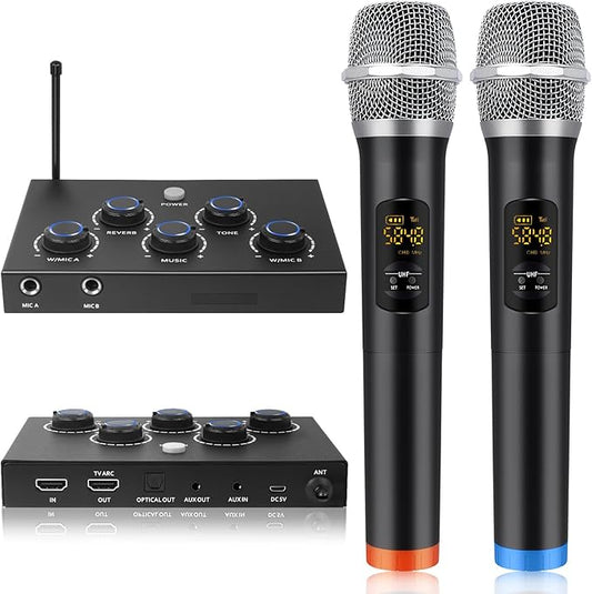 Wireless Karaoke System, Portable Karaoke Microphone Mixer with 16 Channels UHF Wireless, Optical AUX Microphone Speaker for Smart TV, PC, Amplifier, Speaker, KTV