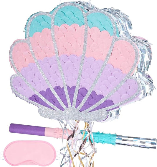 Wernnsai Mermaid Seashell Piñata - Pink Shellfish Pinatas for Kids Girls Birthday Mermaid Princess Party Decorations Under The Sea Ocean Theme Party Games With Bat Blindfold 16“ x 12.5" x 3"