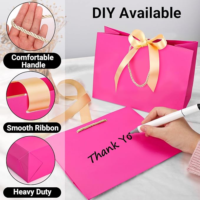 EUSOAR Hot Pink Gift Bags, 12pcs 10.6"x3.1"x8.3" Shopping Paper Bags with Bow Ribbon Handle, Party Favor Kraft Paper Bags Thank You Gift Treat Bags for Merchandise Shopping Wedding Birthday - Image 4