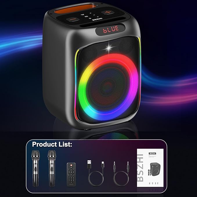 Karaoke Machine with 2 Wireless Microphones, 80W Portable Bluetooth Speaker, Party Speaker with LED Colorful Lights TWS Pairing, Karaoke Speaker Supports for Mic Input,USB,AUX,TF Card