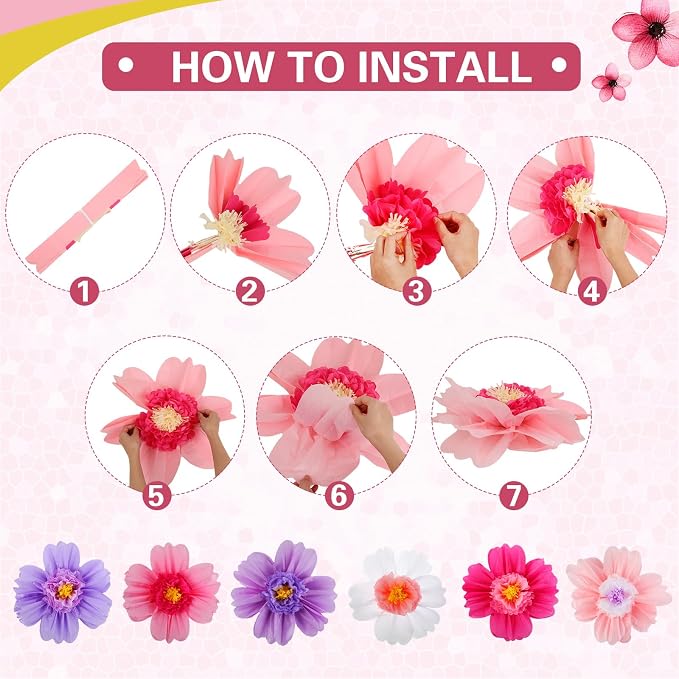 Crowye 12 Pcs Large Tissue Paper Flower Decor,10'' 20'',Bright Color | Giant Craft Crepe Paper Flower, Colorful, for Wall Decorations Backdrop Mexican Wedding Birthday Carnival School Party - Image 3