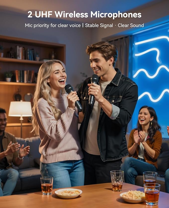 GKD61 Karaoke Machine for Adults with 2 Wireless UHF Microphones, 400W Peak Power Karaoke System with Dual 6.5'' Subwoofers, Portable Party Bluetooth Speaker with RC, Bass & Treble Control for Outdoor