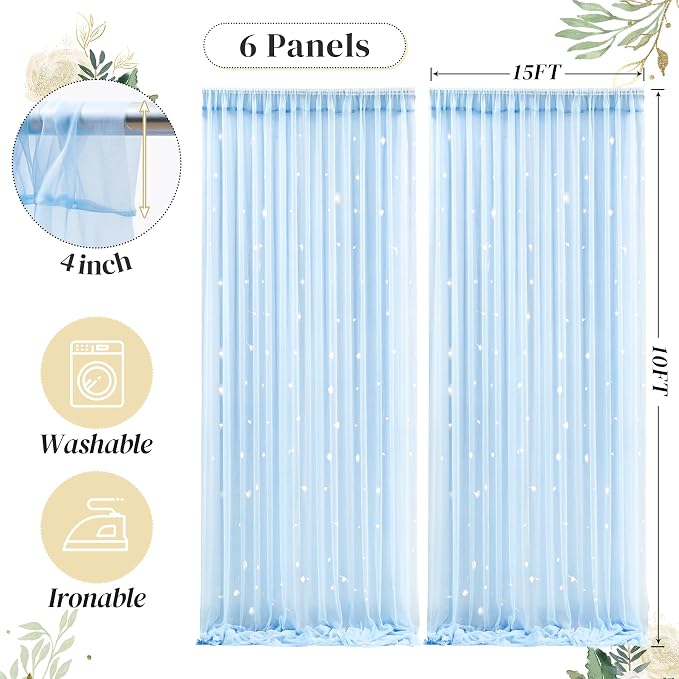 30ft x 10ft Blue Backdrop Curtain with Lights String for Parties, Sheer Tulle Wedding Photo Backdrops Drapes for Baby Shower Birthday Party Decorations Background for Photography - Image 5