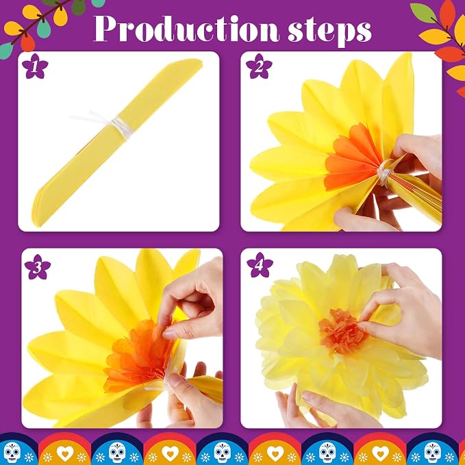 Geyee 36 Pcs Mexican Paper Flower Colorful Tissue Paper Flower, 10" 12" 14" | Fiesta Tissue Crepe Paper Flowers Pom Poms Mexican Carnival for Floral Party Backdrop Wedding Birthday Party Craft - Image 4
