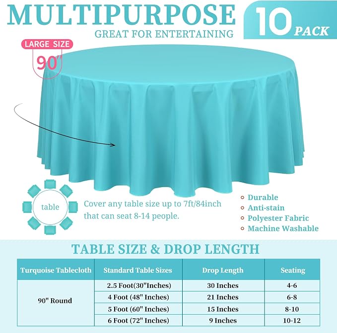 Showgeous 90 Inch Teal Round Tablecloths, Polyester Table Covers | 10 pack Tablecloths for Round Tables Washable polyester Table Cloth Decorative Fabric for Dining Wedding Party Banquet Buffet - Image 2