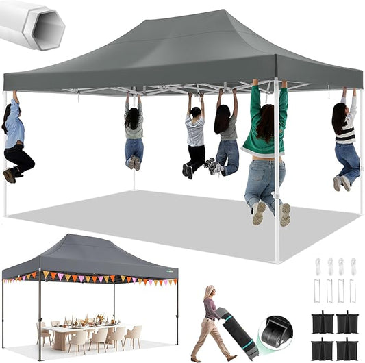 Cobizi Heavy Duty 10x15 Pop Up Canopy Tent Without sidewall, Easy Up Canopy Outdoor for Backyard Party Wedding, Instant Commercial Tent with Roller Bag, Waterproof UV 50+ (Upgraded Legs), Gray