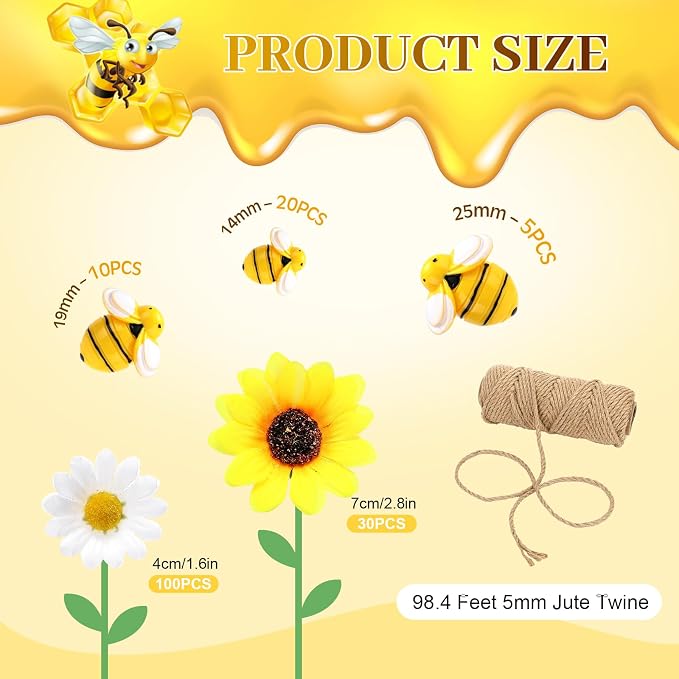 166 Pcs Artificial Sunflower Heads Tiny Bees Craft Decoration Fake Faux Silk Daisy Decoration Fabric Daisy Flower Head with Jute Rope for Party Wedding DIY Decor(Yellow and White,Single Size) - Image 2