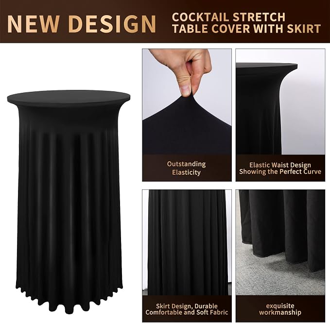 6 Packs Cocktail Table Covers Black Cocktail Table Cloth 32"x 43" Spandex Stretch Small Round Tablecloth for 32in Table with Wavy Drapes Fitted High Top Table Cloth for Party Wedding Banquet Bar Table - Image 3