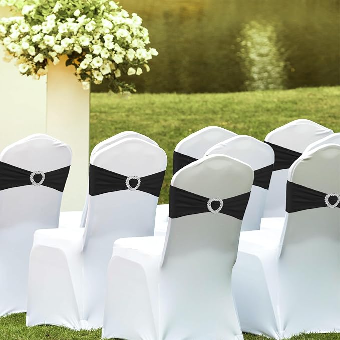 100PCS Spandex Stretch Black Chair Sashes Bows Universal Elastic Chair Cover Bands Ties with Buckle Slider for Wedding Party Birthday Reception Event Banquet Decoration(Black) - Image 6
