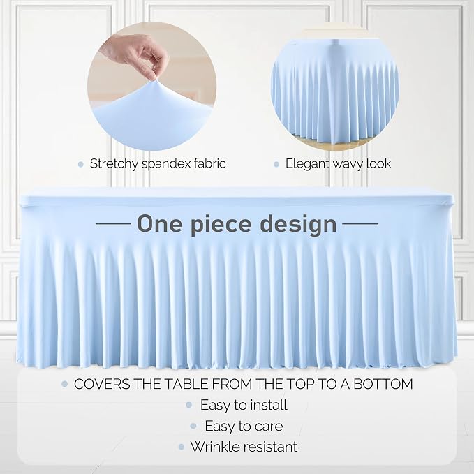 1 Pack Baby Blue Table Clothes for 4 Foot Rectangle Tables, One-Piece Wrinkle Resistant Stretch Spandex Table Covers with Skirt for Event Banquet Wedding Birthday Party - Image 2