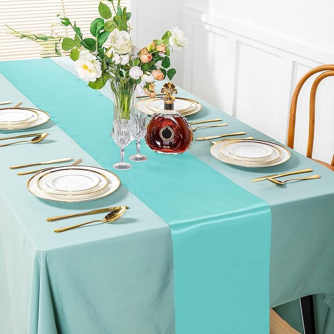 SI Pack of 10 Wedding 12 x 108 inch Satin Table Runner for Wedding, Decorations for Graduations, Engagements, Birthday Parties, Banquets, Runners fit Rectangle, Round Table - Aqua - Image 2
