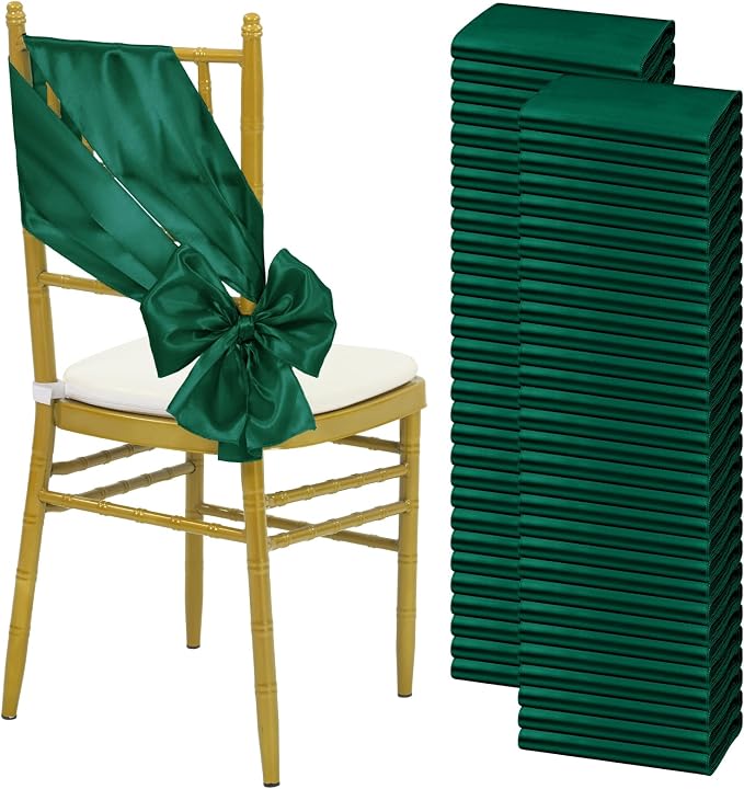 YMHPRIDE 60 PCS Emerald Green Satin Chair Sashes,Ties Bows Designed Chair Sashes for Wedding Party Baby Shower Banquet Restaurant Hotel Folding Chairs Decoration(Emerald Green,7x78 inch) by YMHPRIDE