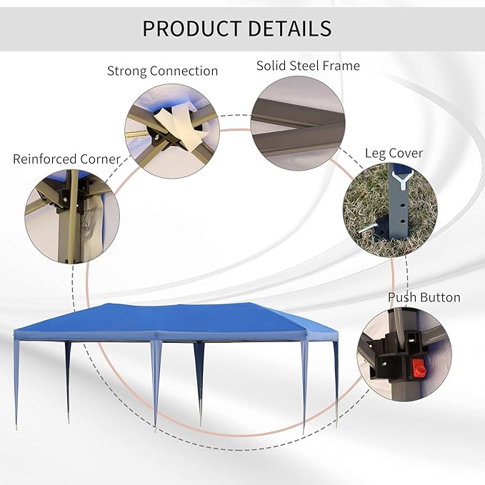 Outsunny 10' x 19.2' Pop Up Canopy Tent, Heavy Duty Tent for Parties, Outdoor Instant Gazebo Sun Shade Shelter with Carry Bag for Catering, Events, Wedding, Backyard BBQ, Blue