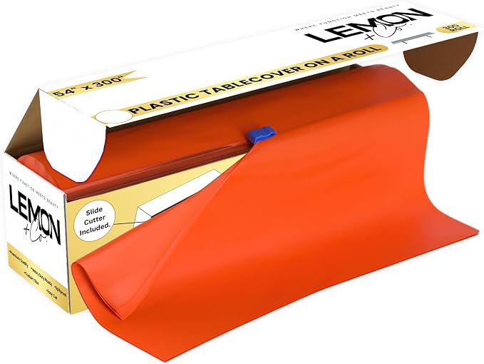 LEMON + Co. Orange Premium Plastic Tablecloth Roll - 54" x300' for Parties with Cutter Box - Cut to Size Rectangle & Round Disposable Tablecloth Plastic Table Cover by LemonCo