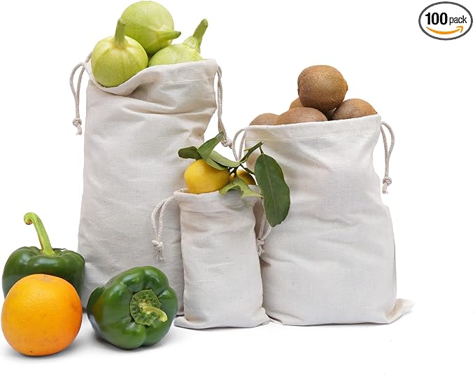 5x7 Inches Reusable Produce Eco friendly Cotton Double Drawstring Muslin Bags premium quality Natural color- 100 count pack by CustomBagSupplies
