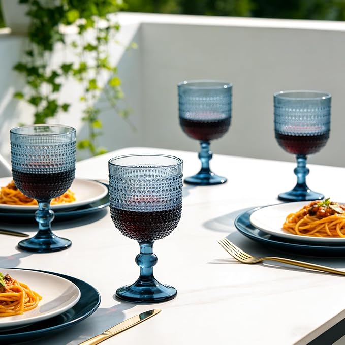 Blue Wine Glasses Set of 4, 12oz Vintage Goblet Glasses, Embossed Glass Cups Hobnail Glassware for Weddings, Dinners, and Holiday Gifting