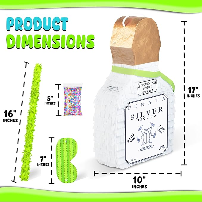 White Tequila Bottle Piñata with Stick - 17.5" x 10.5" x 3.5" Perfect for Party Decorations, Photo Prop, Birthday, Funny Anniversary, 21 birthday - Fits candy/favors
